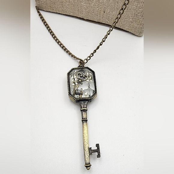 Vintage Key Pendant with Necklace. Brass Tone filled with Tiny Pearls. - Picture 1 of 7